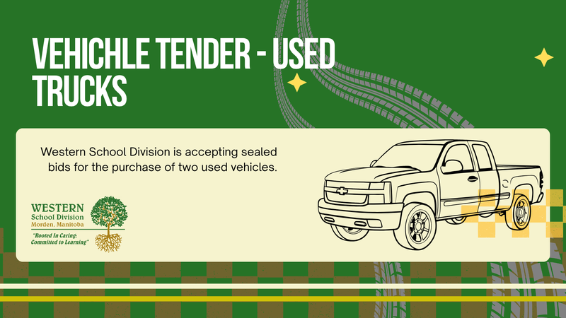 A line drawing of a pickup truck with tire tracks in the background. The words 