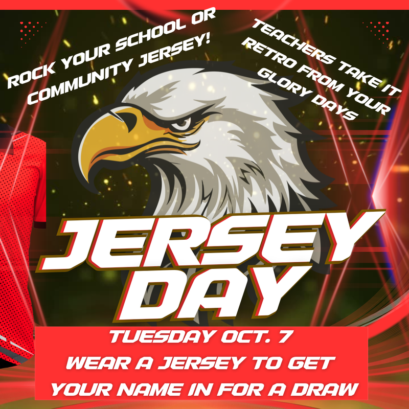 Red and black background with an Eagle logo. Jersey Day Tuesday Oct 7