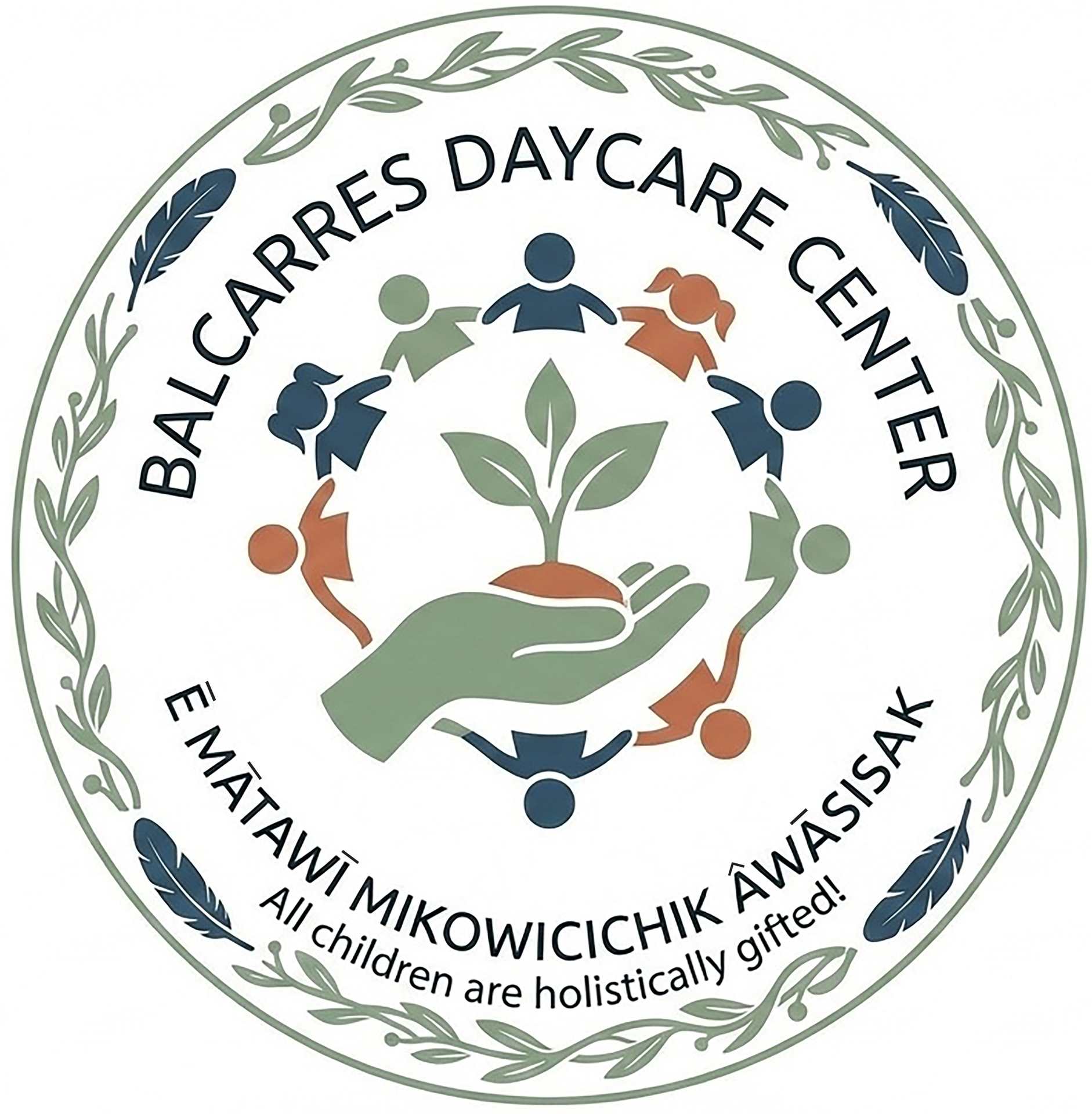 Balcarres Daycare Center logo: children circling a plant with Cree text and feather accents.
