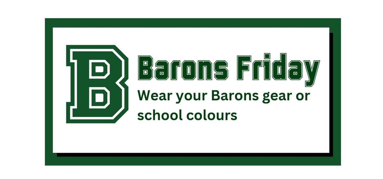 Text promoting 'Barons Friday' with school colors and attire encouragement.