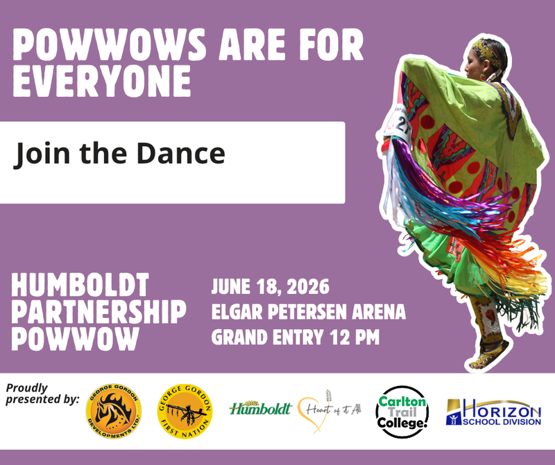 Alt text: Promotional graphic for the Humboldt Partnership Powwow. The text reads 