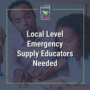 Black student being helped by male black teacher. Text: Local Level Emergency Educators Needed