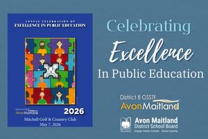 An event poster for the "Annual Celebration of Excellence in Public Education," hosted by District 8 OSSTF Avon Maitland and the Avon Maitland District School Board. The left side features a brochure cover with a colorful puzzle piece art illustration and details: "Mitchell Golf & Country Club, May 7, 2026." The right side displays the event title and logos on a blue background.