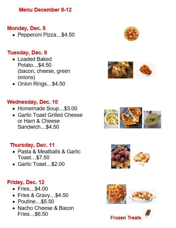 White background with food items and prices on the left. Pictures of the food mentioned are to the right of each.