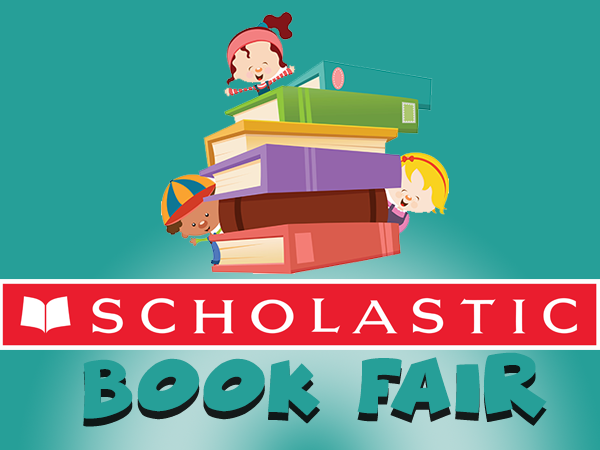 Kids sitting on a pile of colored books. Scholastic Book Fair