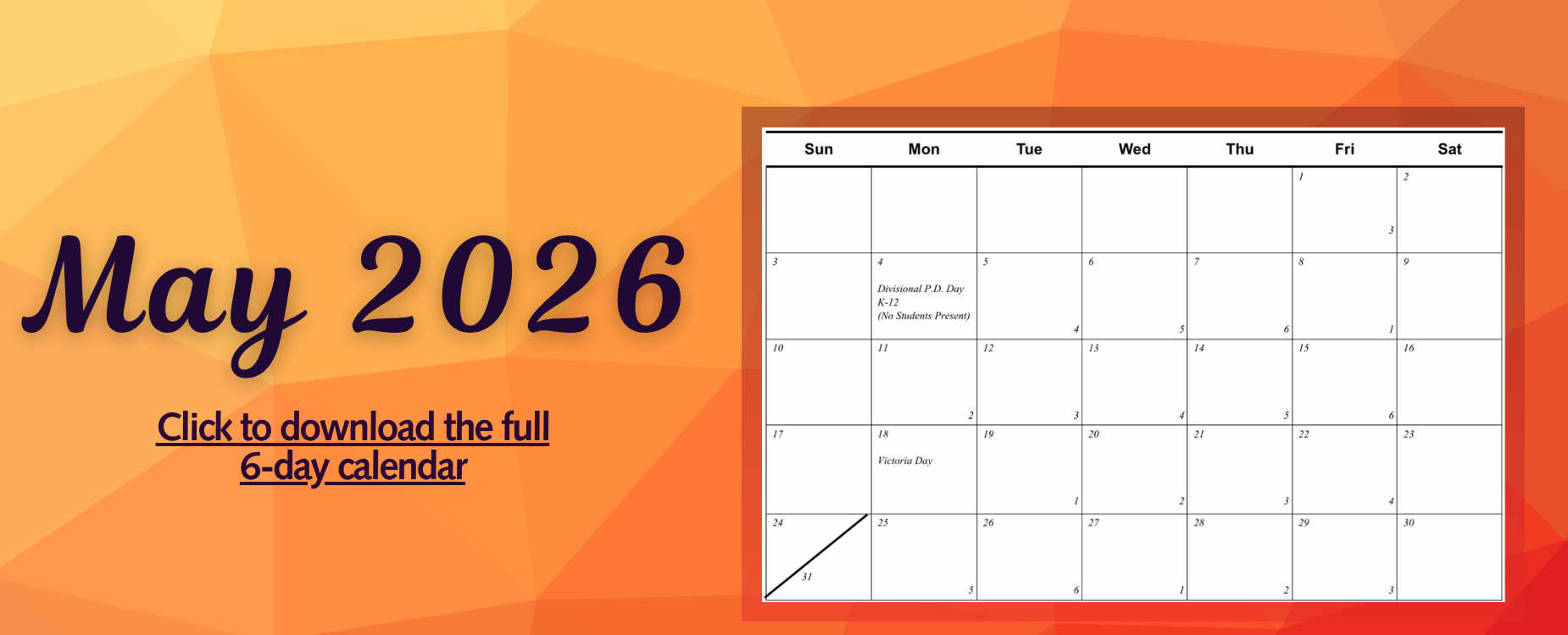 MVSD 6-day school cycle calendar for May 2026