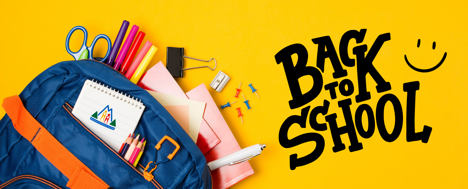 Blue backpack filled with school supplies. Black text on yellow background "Back to School" and a smiley face.