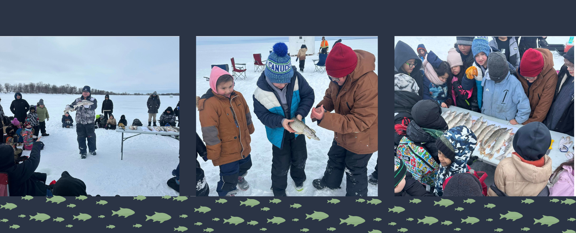 3 pictures of students ice fishing