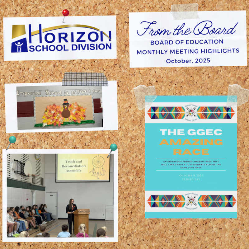 Bulletin board collage with Horizon School Division’s logo, October 2025 board meeting highlights, a handprint turkey display from Imperial School, a Truth and Reconciliation Assembly at Englefeld School, and a GGEC Amazing Race poster.