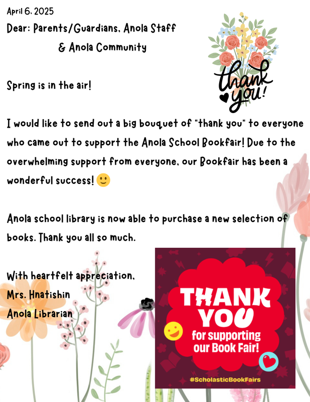 A letter with flower background saying thank you to all that supported the Book Fair this year.