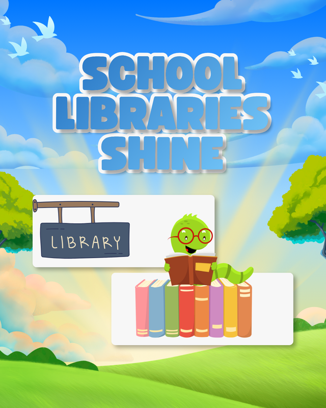 Shining rays of sunshine on a library sign with a bookworm on top of a row of books