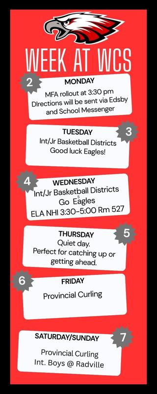 Red background with black border. Eagle logo top centre. Each weekday has a white speech bubble with day and events and a grey badge with the date in the top corner. There is the same type box for the weekend at the