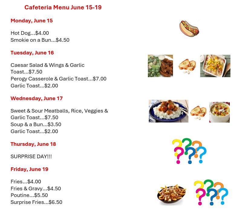 White background with days, items, and prices on the left side and stock photos to the left. Colour question marks represent the surprise options.
