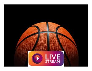 Basketball against a dark background with a live stream logo on the bottom centre.