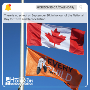 Canadian flag and orange Every Child Matters flag on a flagpole with text noting no school on September 30 for the National Day for Truth and Reconciliation.