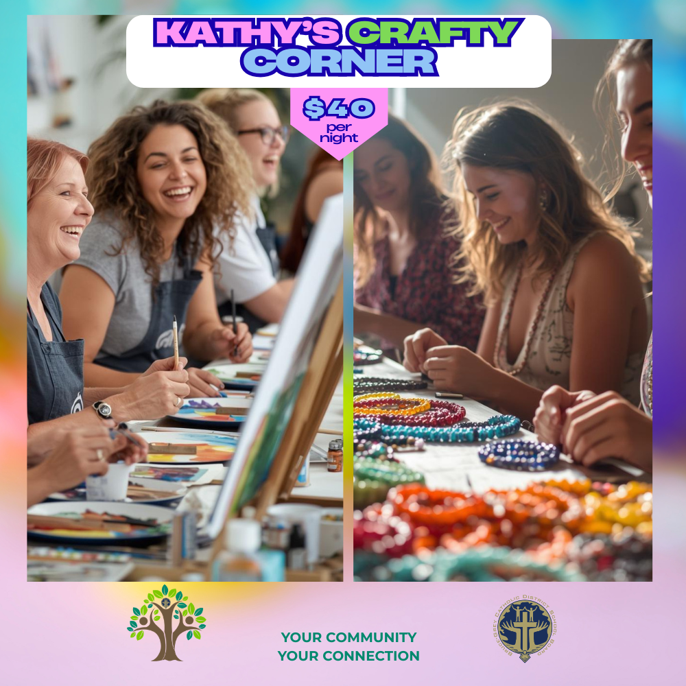 women doing arts and crafts sitting at a table. text reads Kathy's craft corner
