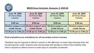 MDHS June Exam Schedule - June 19 to 24