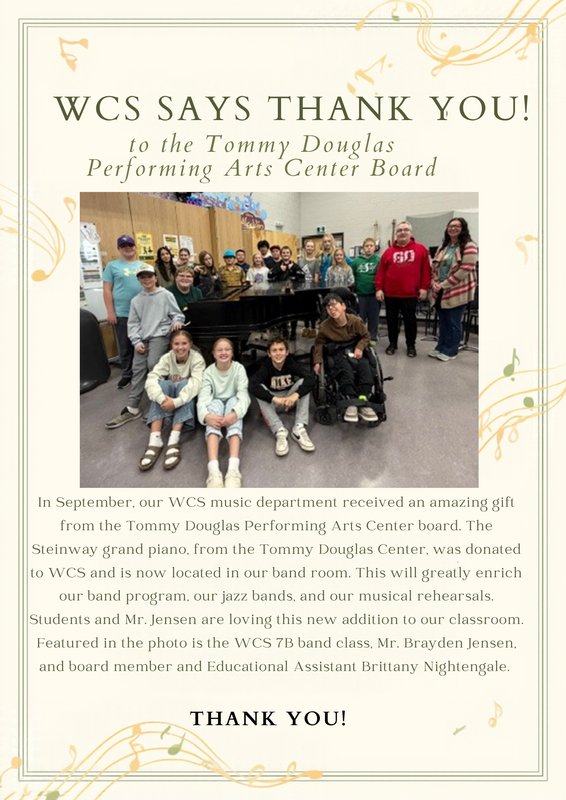 Gratitude poster for the donated piano to WCS