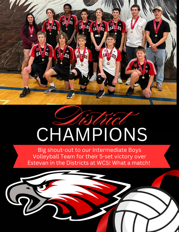 Team picture on top with black background on bottom. Eagles logo and volleyball image are placed below the message.