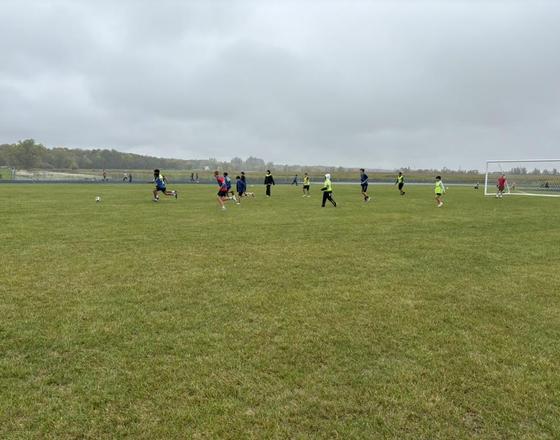 Children playing soccer on a grassy field under cloudy skies.