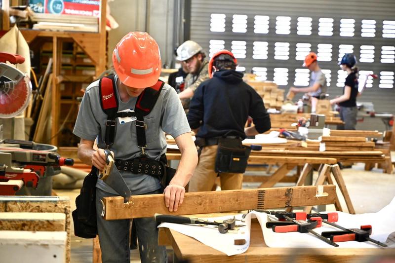 Construction student in the shop.