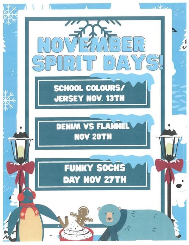 Blue border with white snowflakes, cartoon drawings of a lampost, bears, gingerbread man, and a penguin. Information is listed down the middle.