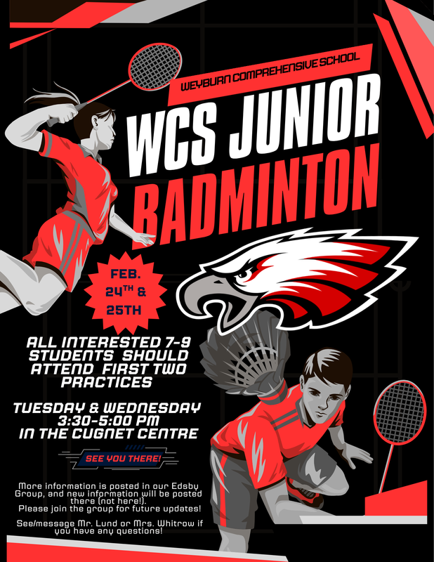 Black background with red and grey accents. Upper left is a female in a red uniform swinging a badminton racket. A male player is in a similar red uniform on the lower right with a badminton racket. Above him is an Eagles logo.
