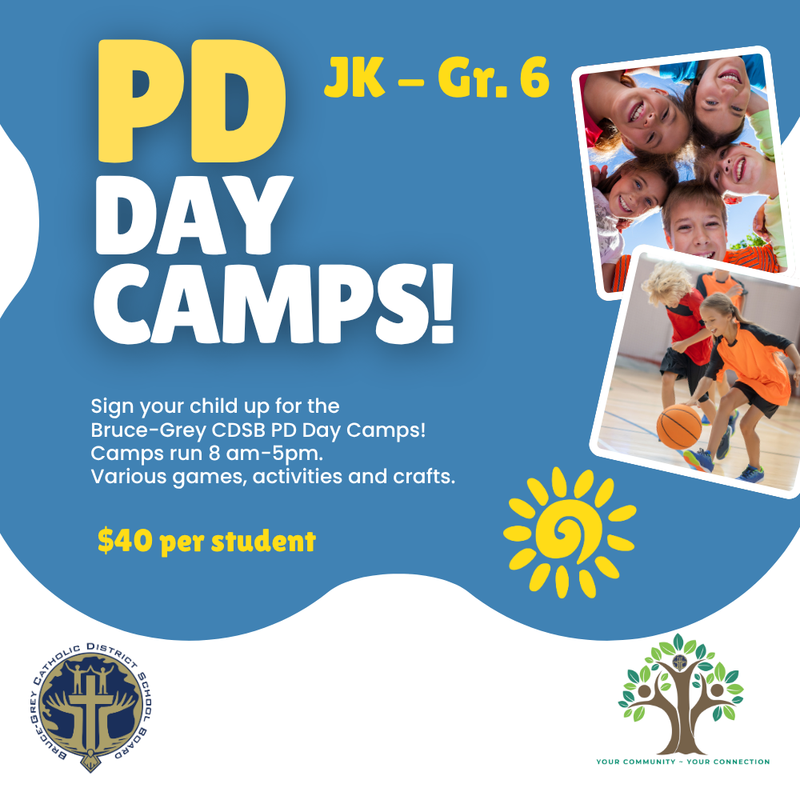 Text reads PD Day Camps. Images of young students playing at school