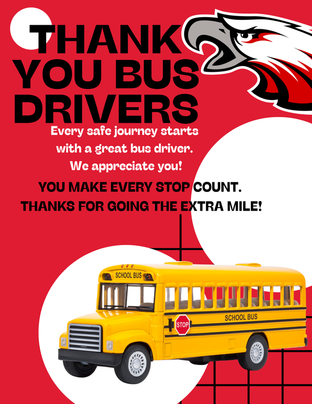 red background with large white spots. School bus on the bottom right and Eagles logo on top right. Information listed on left side and centre.