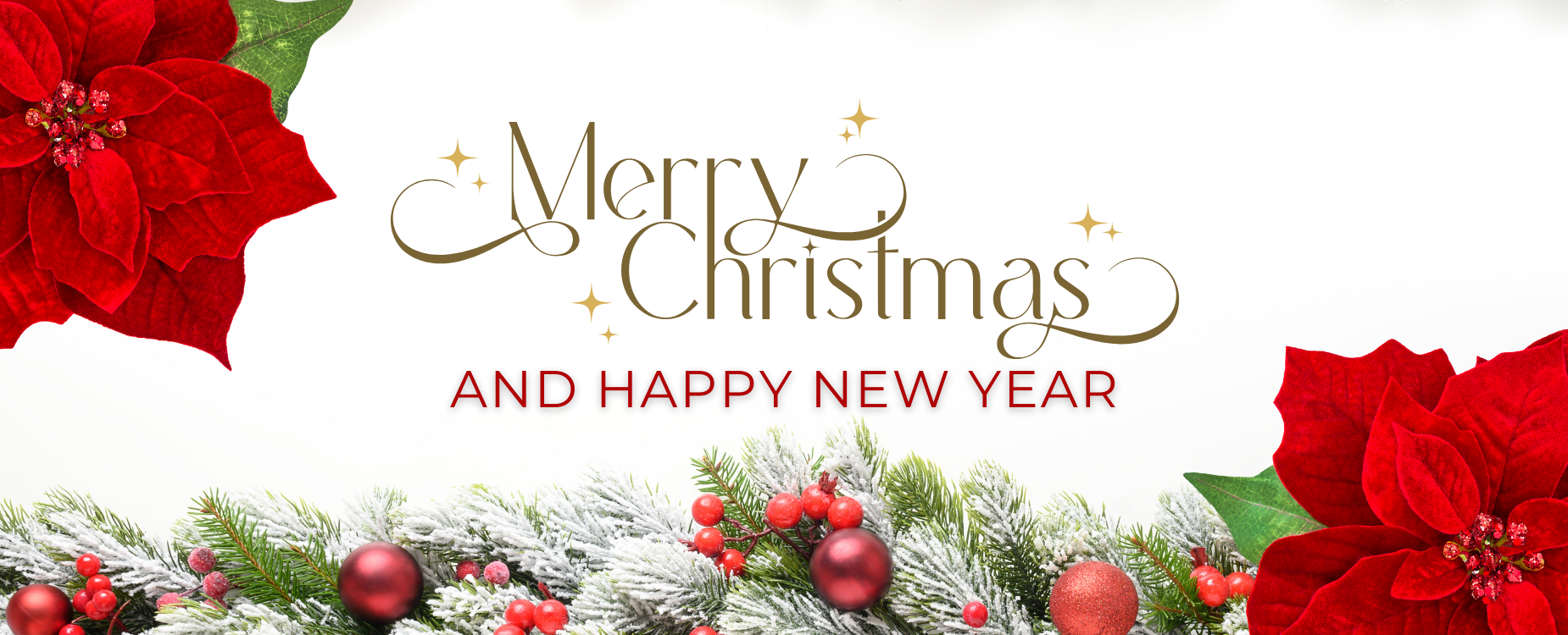 Poinsettia and garland with text "Merry Christmas and Happy New Year".