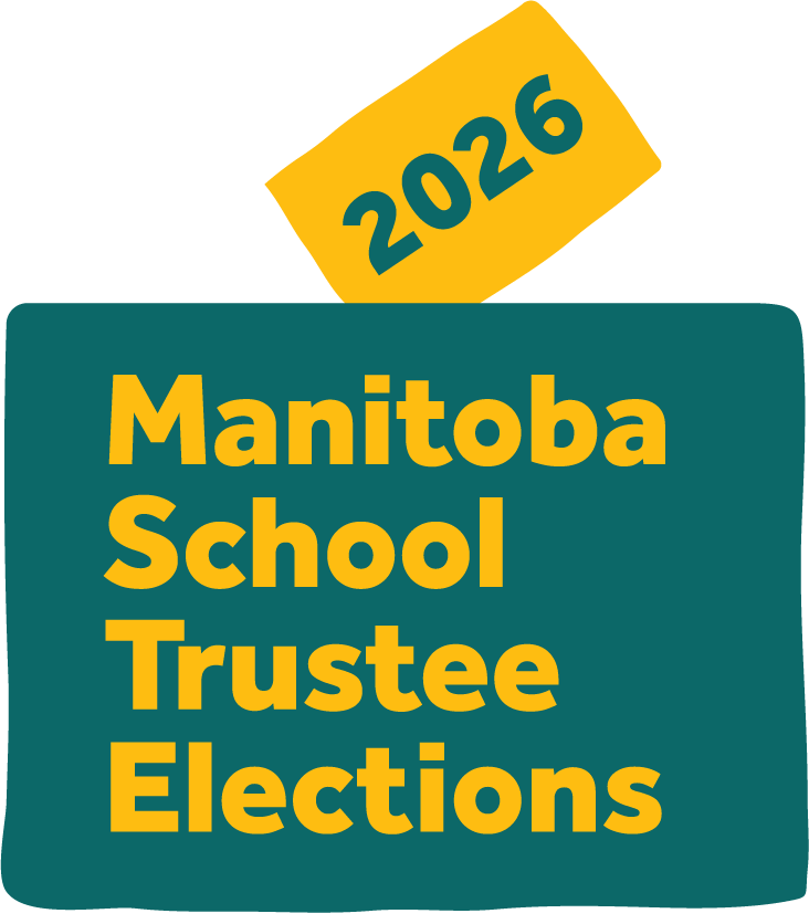 A logo in the shape of a ballot box reads “Manitoba School Trustee Elections,” with a small tilted ballot going into the box, labelled “2026.”