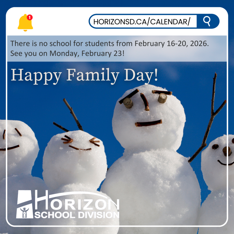 Three snowmen with expressive stick and rock faces stand against a bright blue sky. Each snowman has a unique facial expression, and one holds a stick as an arm. Overlaid text announces no school for students from February 16-20, 2026, with classes resuming on Monday, February 23. A notification bar at the top displays 
