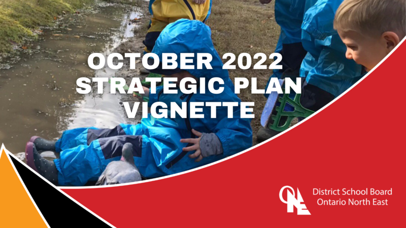 A photo of a student sitting next to ducks on a rainy day. In a text overlay, it reads October 2022 Strategic Plan Vignette. In the right corner is the District School Board Ontario North East logo and 2021-2025 Strategic Plan branding.