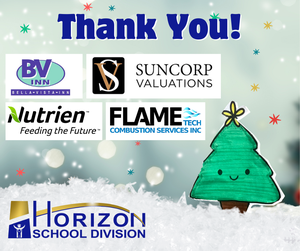 A festive “Thank You!” graphic featuring supporter logos for Horizon School Division’s Christmas Hamper Project. Logos shown include Bella Vista Inn, Suncorp Valuations, Nutrien, and Flame Tech Combustion Services Inc. A cute illustrated Christmas tree with a smiling face appears on the right, with snow and colourful stars in the background. The Horizon School Division logo is at the bottom.