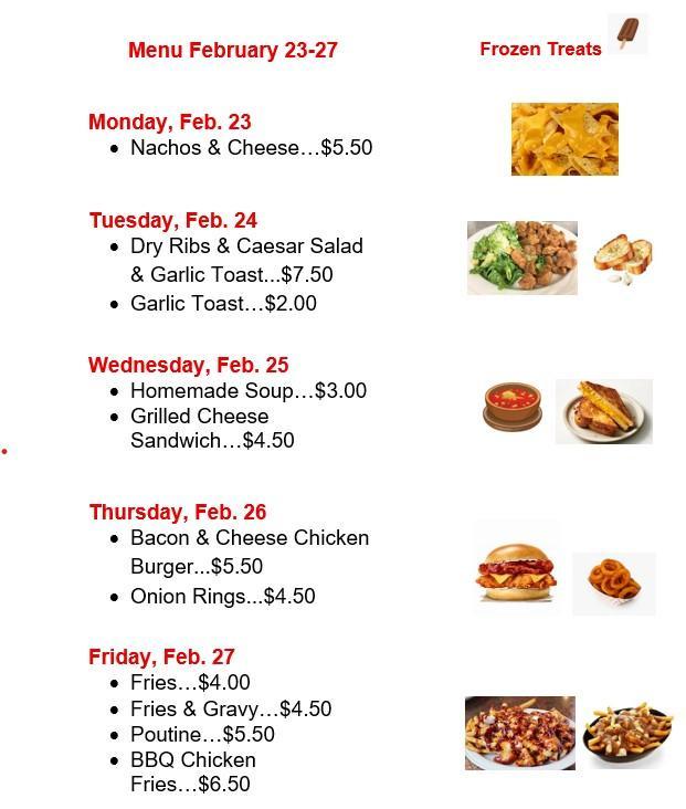 Menu items and prices listed by day on the left side. The right side has stock photos of the food items