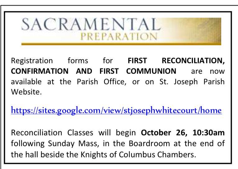 Registration Forms- First Reconciliation, Confirmation & Communion