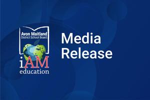 Dark blue background with colourful AMDSB logo on the left, white text on the right "Media Release"
