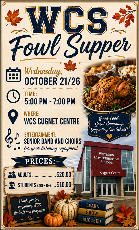 Collage picture of thanksgiving food and WCS school, and advertising the Fowl Supper