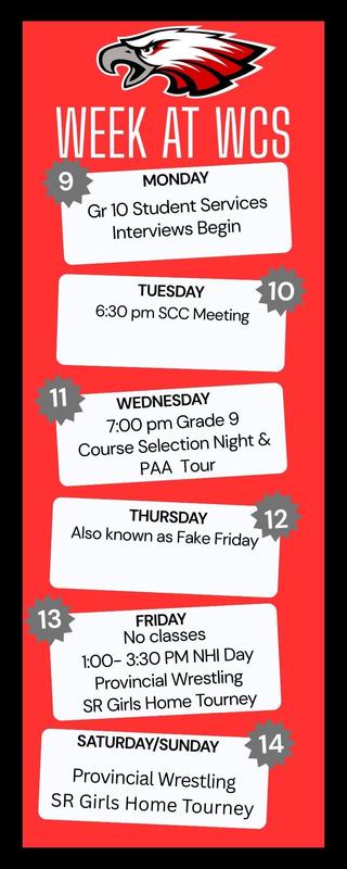 Red background with thick black border. Top centre is Eagles logo with title below it. Each weekday gets a white text box with details and a grey badge with the date in white. The weekend shares a white box at the bottom with a grey badge and date. Details for each day are listed in the corresponding box.