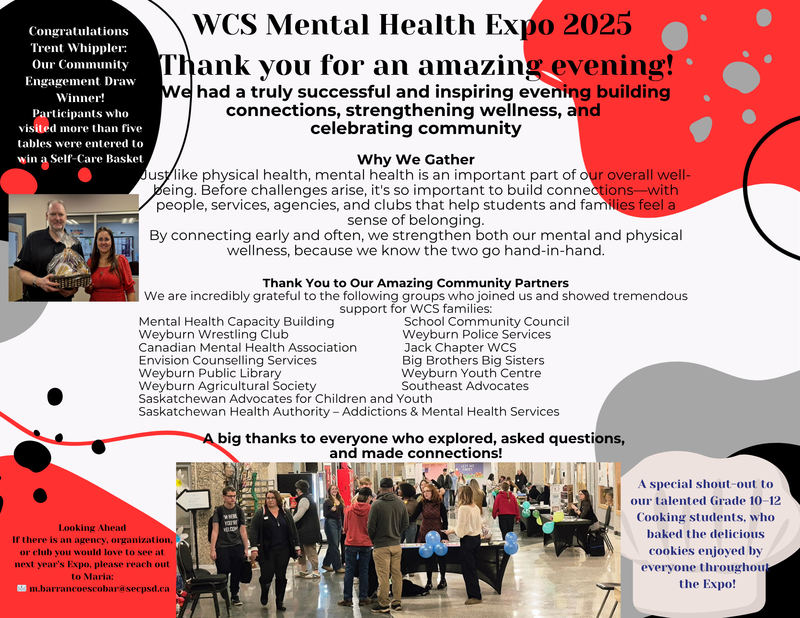 Black, red, and grey blobs around the page. A chef's hat has a thank you to the bakers on it. Top left is a picture of the draw winner holding his basket. Across the bottom is a picture of attendees at the expo.