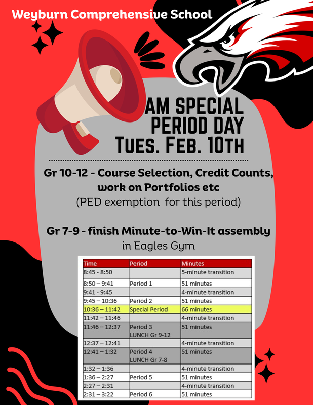 Red and black background with a few black stars and red squiggles. Centre is grey with the information posted. Top left of the grey area is a red and cream megaphone. upper right of page is the eagles logo. Bottom centre is the special period schedule for the day.
