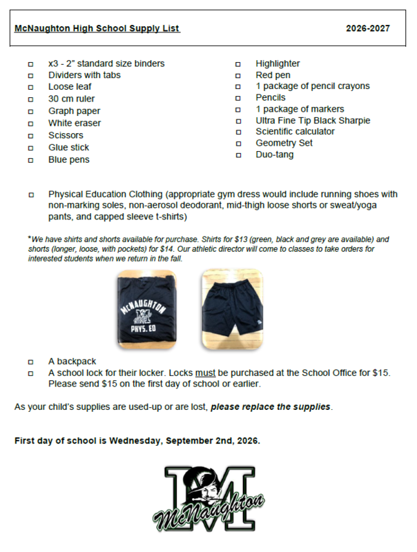 School Supply List 2026 - 2027