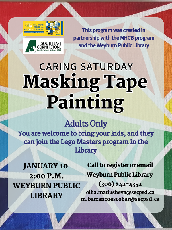 Colour blocked background in geometric shapes with whte lines separating the colours. Information listed on a white overlay. Logos from teh library and SECPSD are in the top left corner.