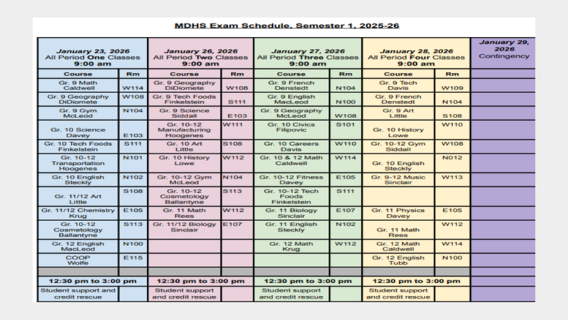 MDHS Semester 1 Exam Schedule