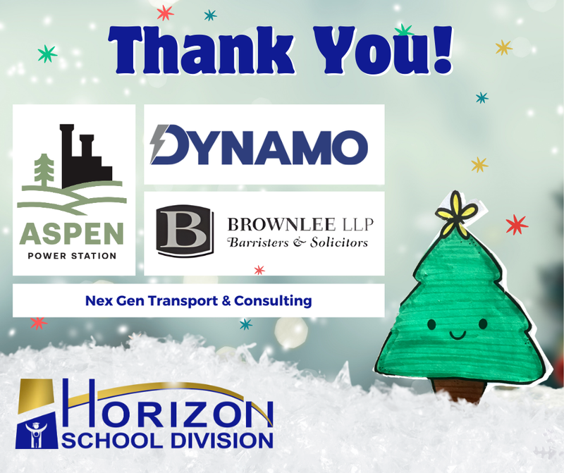 A festive “Thank You!” graphic featuring supporter logos for Horizon School Division’s Christmas Hamper Project. Logos shown include Aspen Power Station, Dynamo, Brownlee LLP Barristers & Solicitors, and Nex Gen Transport & Consulting. A cute illustrated Christmas tree with a smiling face appears on the right, surrounded by snow and colourful stars. The Horizon School Division logo is at the bottom.