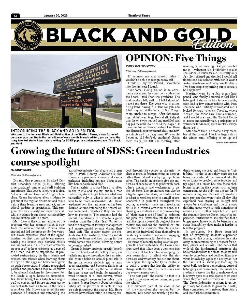 Page 1 of the Black and Gold feature in the Stratford Times