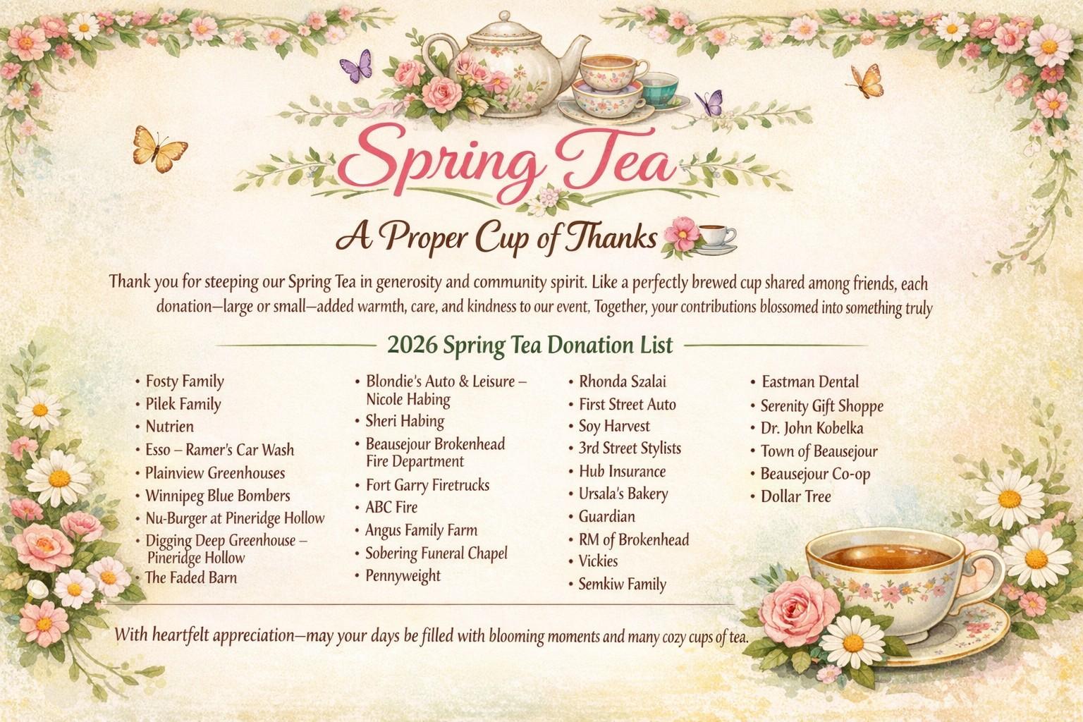 A list of businesses & individuals who supported the Spring Tea