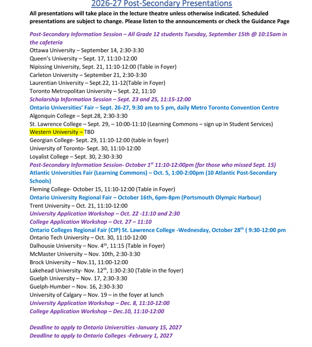 List of post sec presentations 26 27