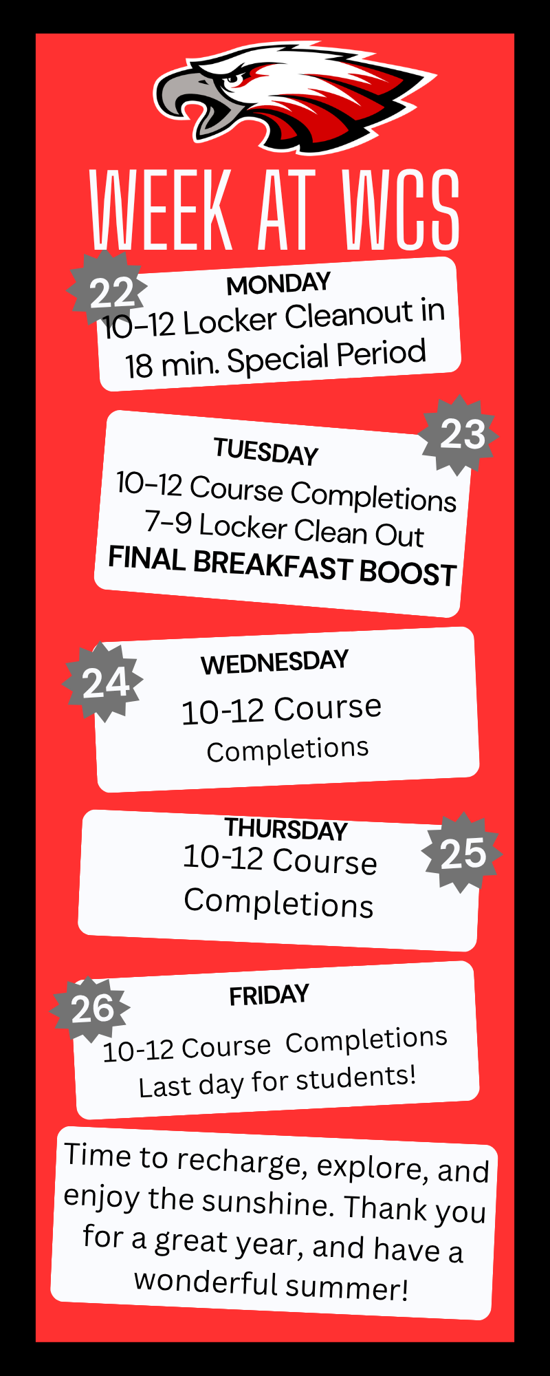 Red background with black border. Each white box has a grey badge in upper corner with date. Details for each day are in the boxes, with the last one for summer.