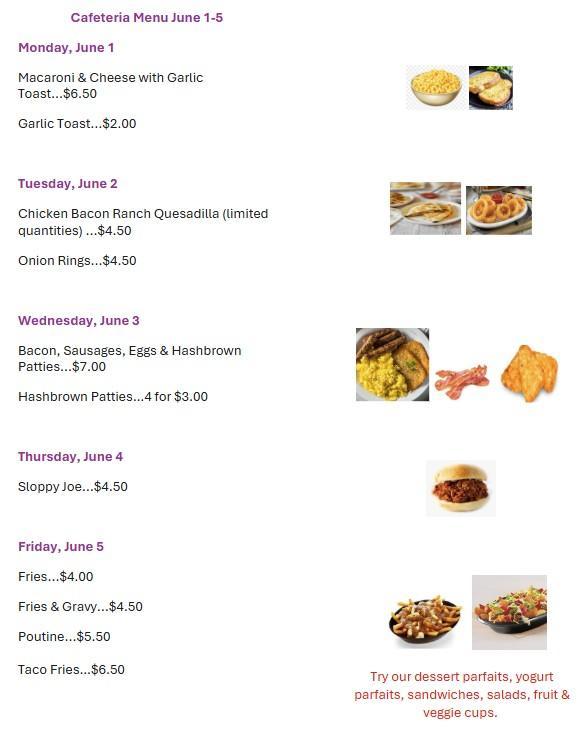 White background. Dates, menu items, and prices listed down the left side. Stock photos of menu items are beside each day on the  right side